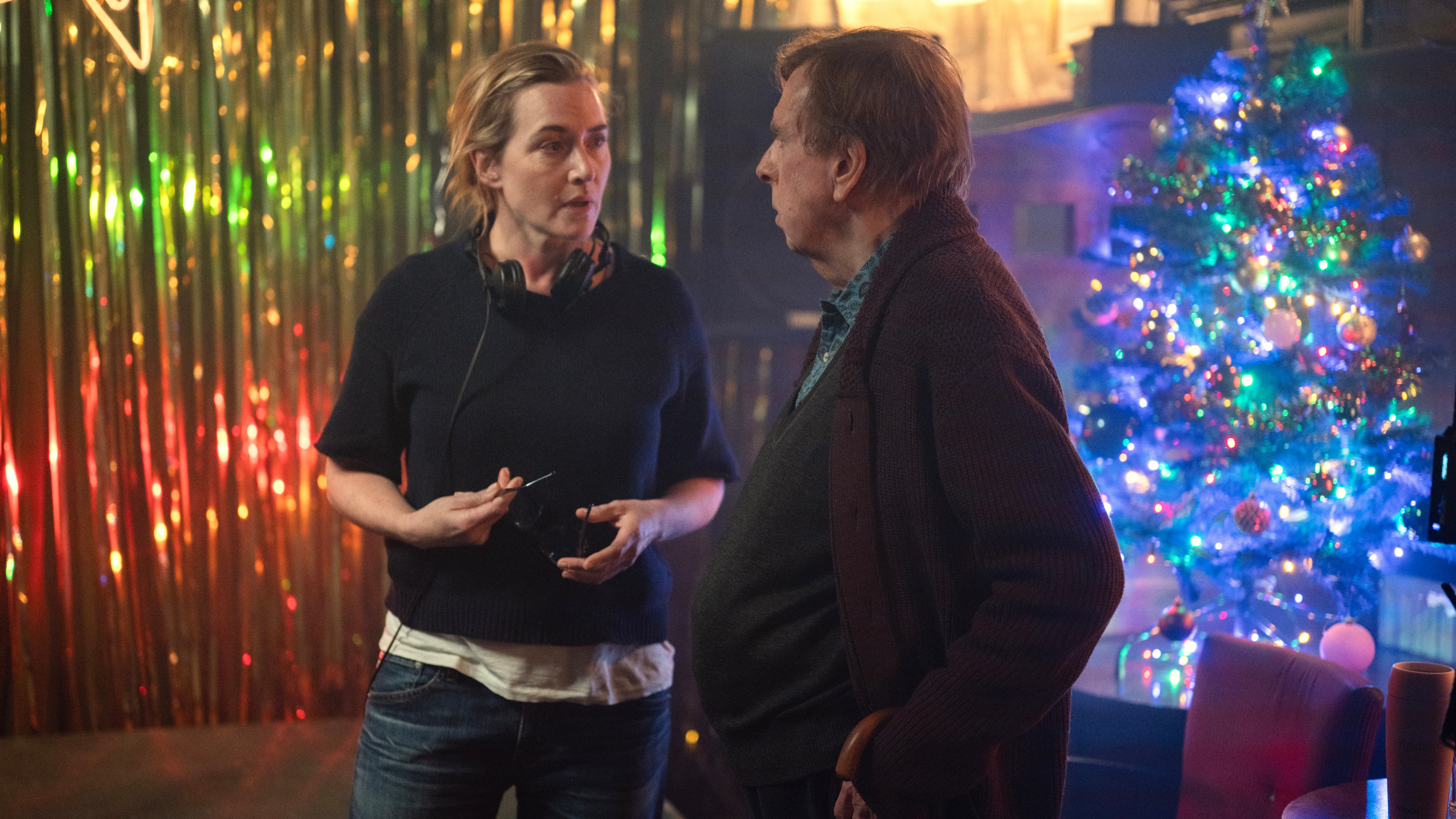 L-R: Kate Winlet and Timothy Spall on the set of &quot;Goodbye June&quot;, with Christmas decorations behind them
