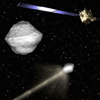 An artist's concept for the Asteroid Impact & Deflection Assessment (AIDA) mission led by the European Space Agency.