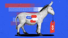 Illustration of a Democrat donkey covered with price stickers and holding a price tag