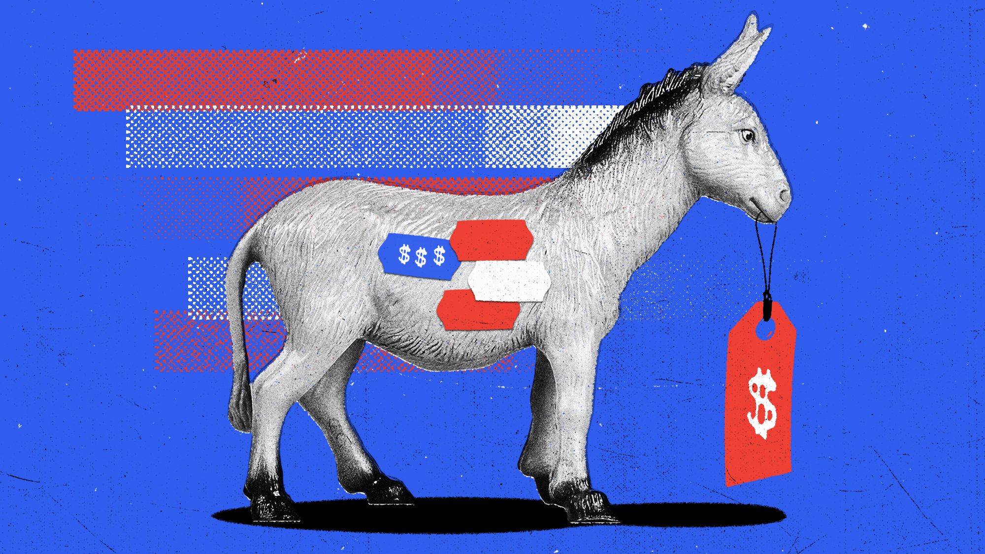 Illustration of a Democrat donkey covered with price stickers and holding a price tag