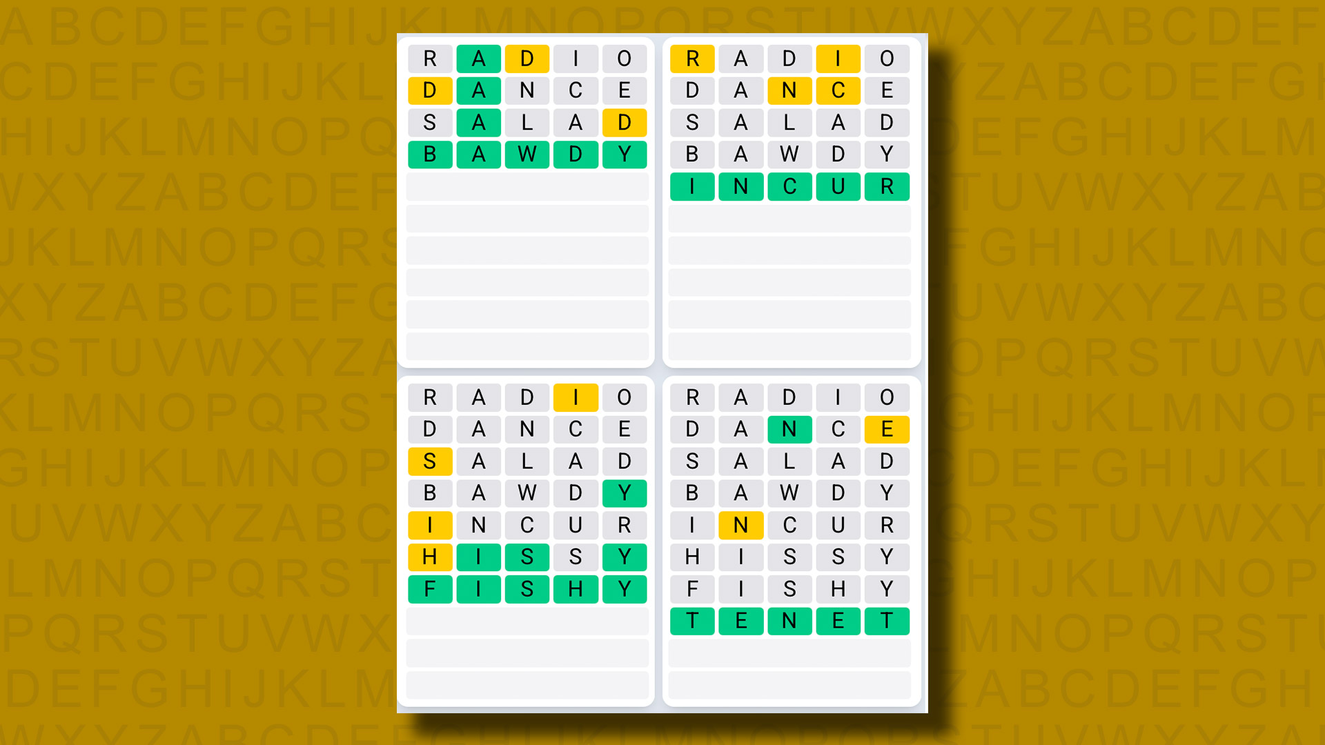 Quordle Daily Sequence answers for game 1269 on a yellow background