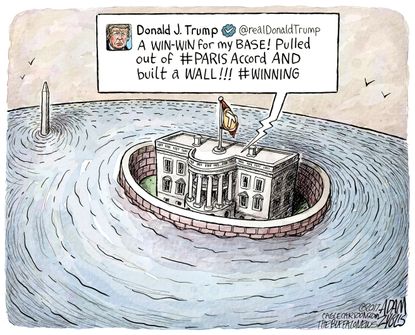 Political cartoon U.S. Trump Paris Agreement climate change Border wall