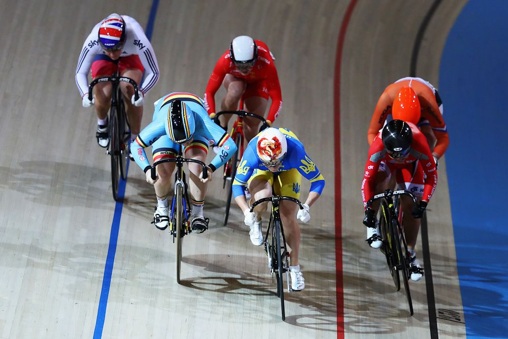 Nicky Degrendele is a Belgium, Lili Liu of China, Katy Marchant of Great Britain, Lee Wai Sze of Hong Kong, Shanne Braspennincx of the Netherlands and Lyubov Basova, nee Lyubov Shulika of Ukraine compete in the Women's Keirin Final