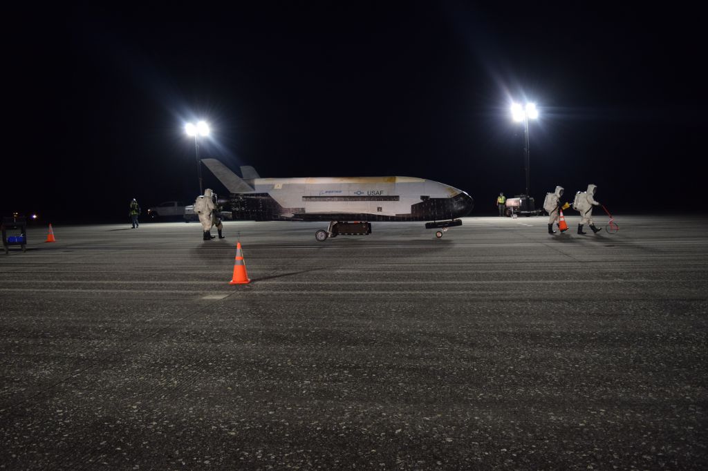 A U.S. Air Force X-37B space plane, an unpiloted miniature space shuttle, is seen after landing at NASA's Kennedy Space Center Shuttle Landing Facility on Oct. 27, 2019 to end its record 780-day OTV-5 mission.
