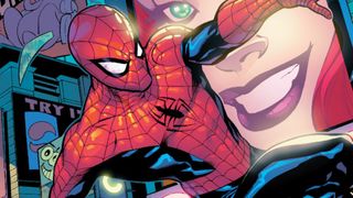 The best Spider-man comics: A close-up on Spider-Man with Mary Jane in the background on the cover of Amazing Spider-Man (1999-2013) #54