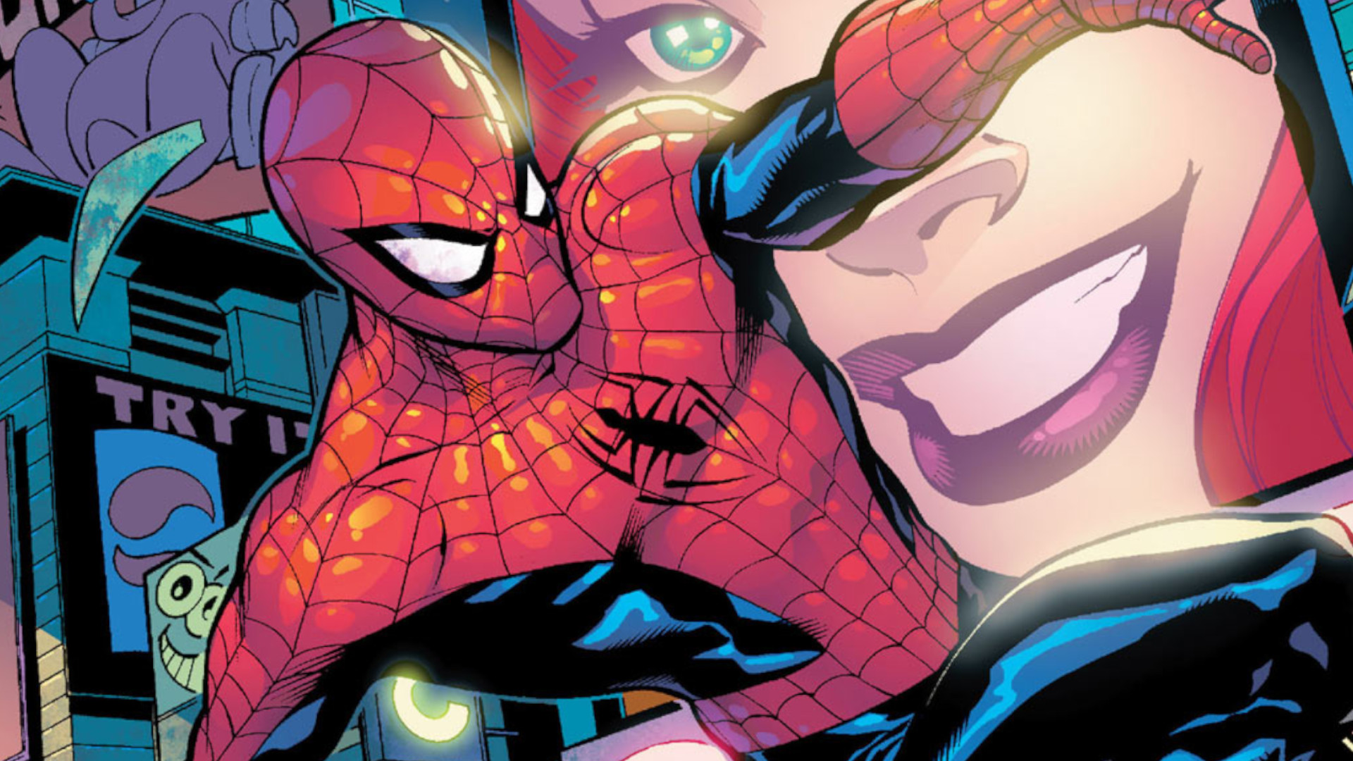 The best Spider-man comics: A close-up on Spider-Man with Mary Jane in the background on the cover of Amazing Spider-Man (1999-2013) #54