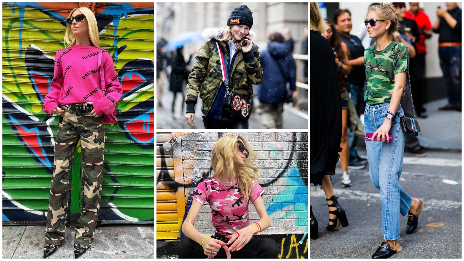 collage of Jessica Minkoff wearing camo with white border