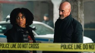 Danielle Moné Truitt as Sgt. Ayanna Bell and Christopher Meloni as Det. Elliot Stabler at a crime scene in Law & Order: Organized Crime season 4