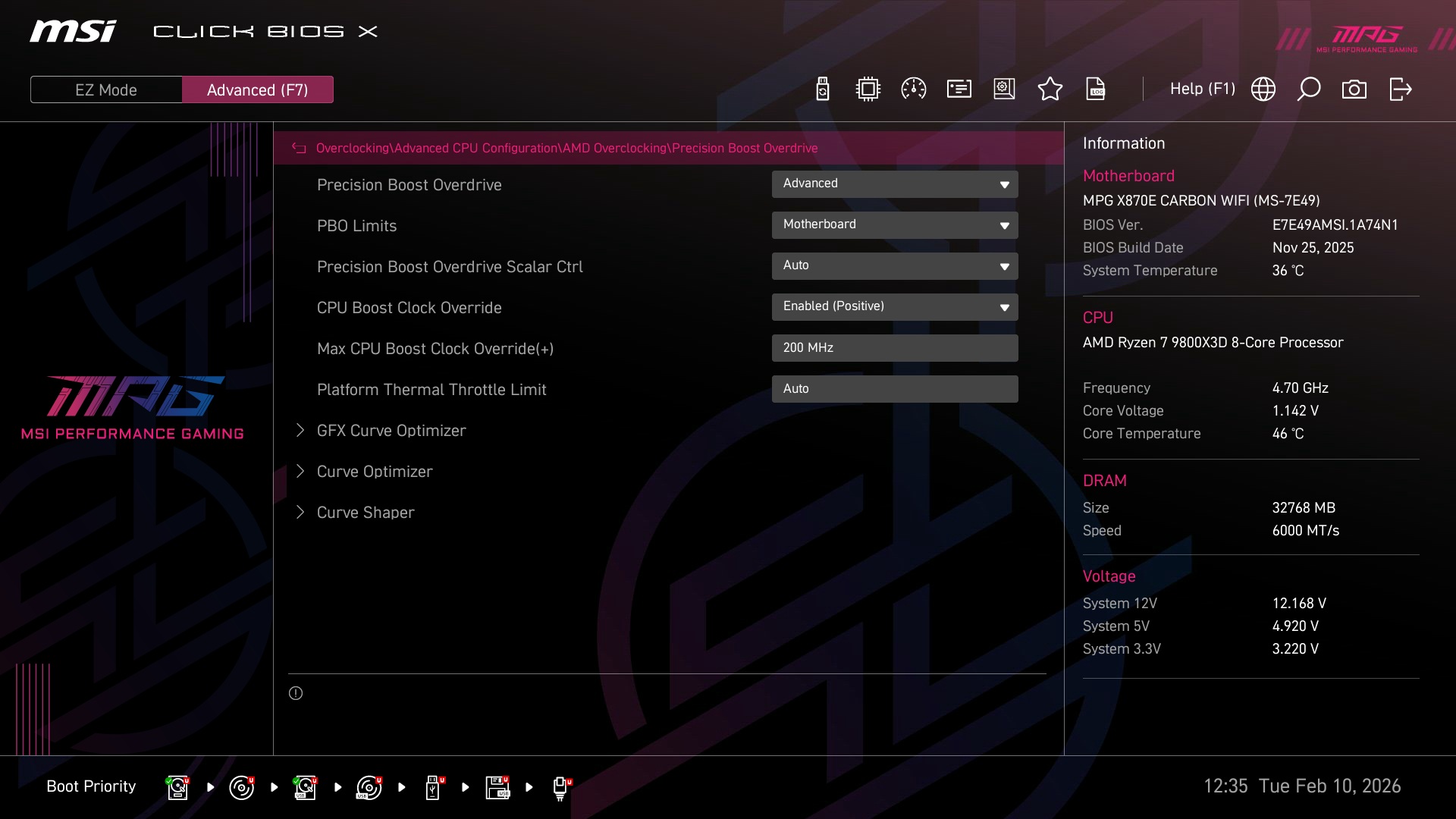 PBO settings in an MSI BIOS screen.