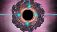 An illustration of a black hole at the heart of a dust cloud blasting out neutrinos