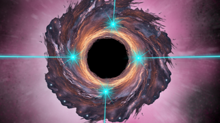 An illustration of a black hole at the heart of a dust cloud blasting out neutrinos