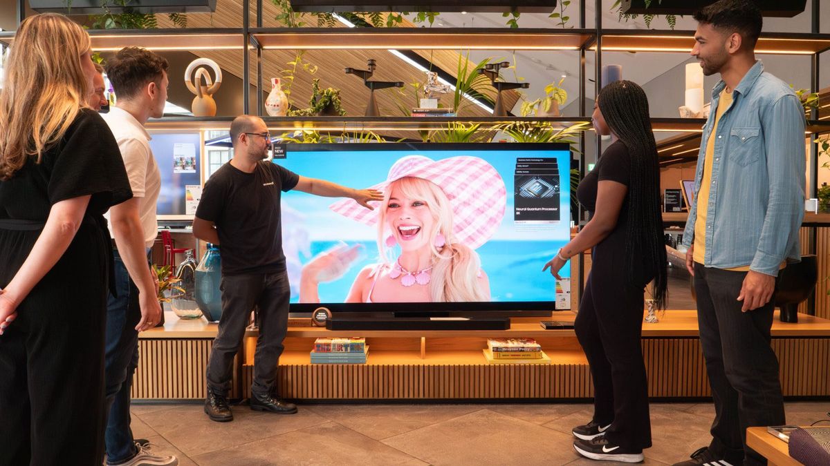 The &#039;Barbie&#039; trailer playing on a Samsung OLED display in a retail store. 