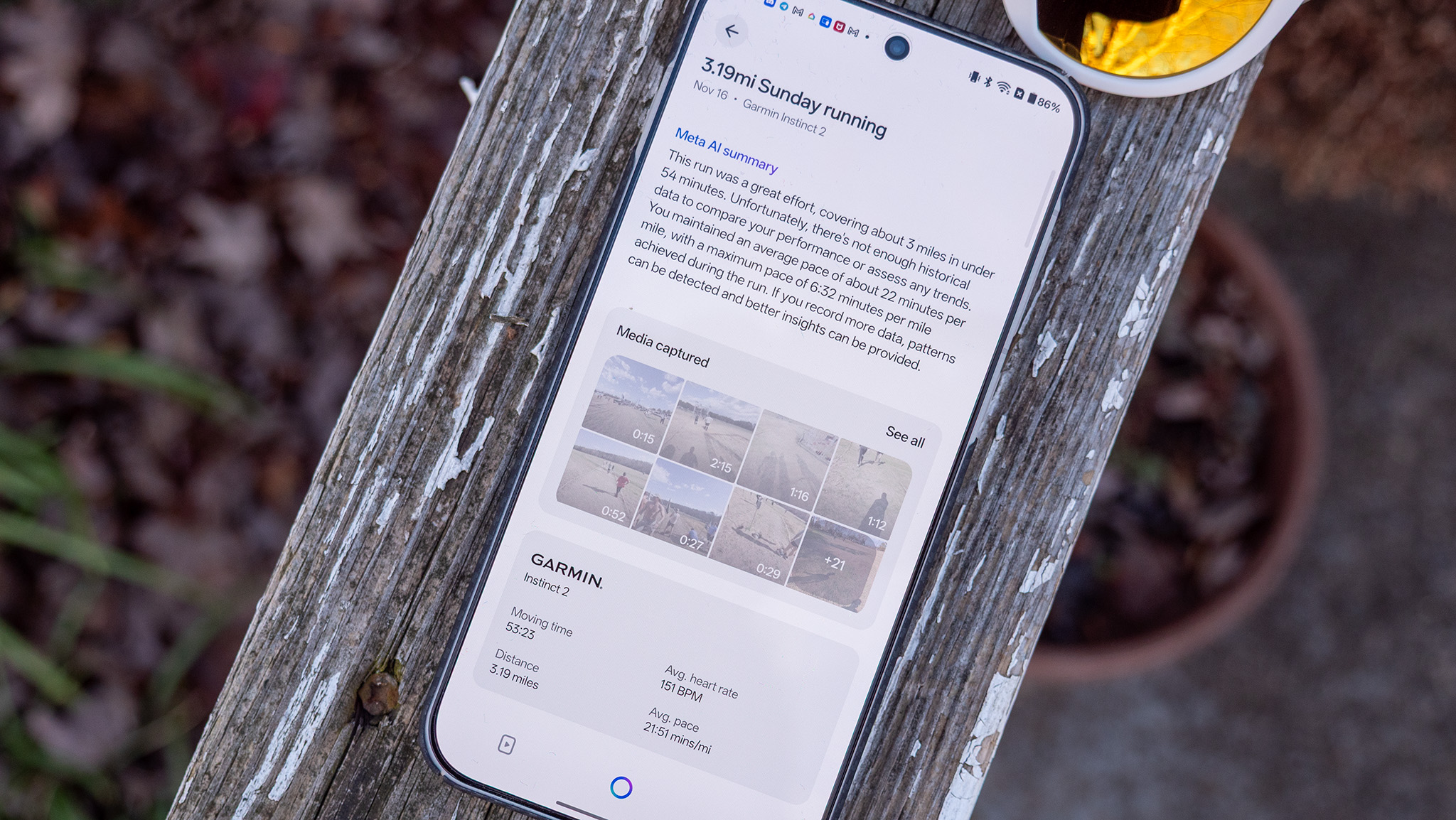 Oakley Meta HSTN AI glasses alongside the Meta AI app, containing a workout summary using data gathered from a Garmin smart watch