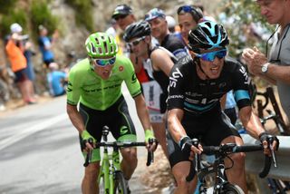 Sergio Henao and Michael Woods in action in the final kms of Stage 3 of the 2016 Tour Down Under