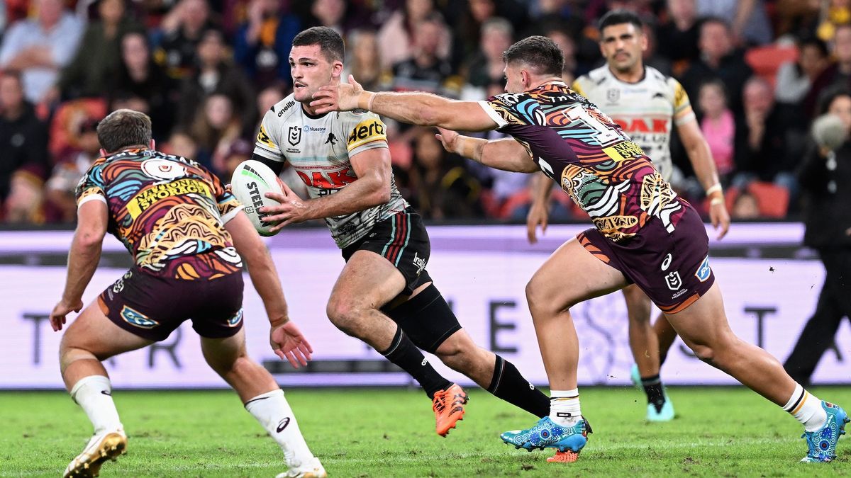 Nathan Cleary of the Panthers runs the ball in a match between Brisbane Broncos and Penrith Panthers.