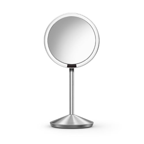 Simplehuman Sensor Mirror Fold, 5'' With 10x Magnification, Round Rechargeable Travel Makeup Mirror, Tru-Lux&amp;reg; Full-Spectrum Light, Adjustable Brightness &amp;amp; Height, Brushed Stainless Steel