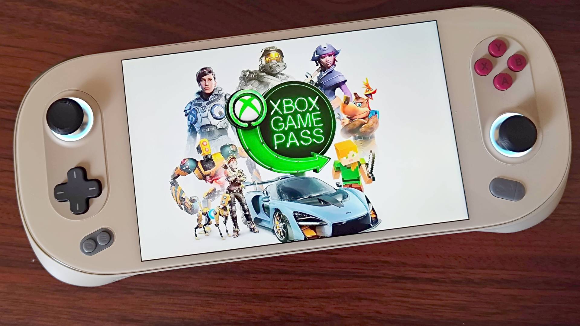 Ayaneo 2S handheld with Xbox Game Pass artwork on screen