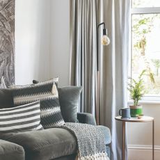 Grey living room with grey velvet sofa and grey curtains