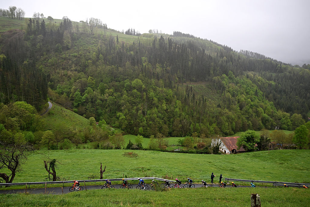 BERGARA, SPAIN - APRIL 11: A general view of the peloton competing during the 65th Itzulia Basque Country 2026, Stage 6 a 135.2km stage from Goizper-Antzuola to Bergara / #UCIWT / on April 11, 2026 in Bergara, Spain. (Photo by Tim de Waele/Getty Images)