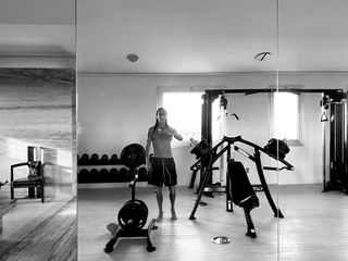 Rick Owens self-portrait, at home in his gym