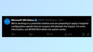 A screenshot of a post from the Microsoft 365 Status center