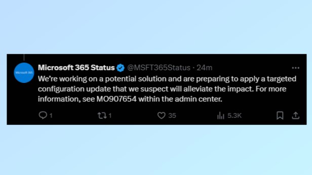 Tangkapan layar postingan dari pusat Status Microsoft 365