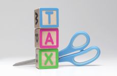 toy wooden blocks with the word tax on them next to a pair of scissors