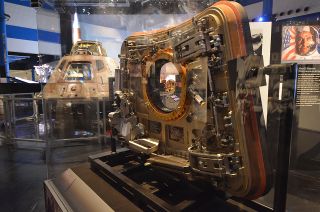 The Apollo 11 command module is exhibited with its crew access hatch in the Smithsonian’s "Destination Moon: The Apollo 11 Mission” traveling exhibit premiering Oct. 14, 2017, at Space Center Houston.