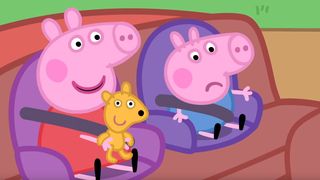 Peppa Pig and George sitting in their car seats