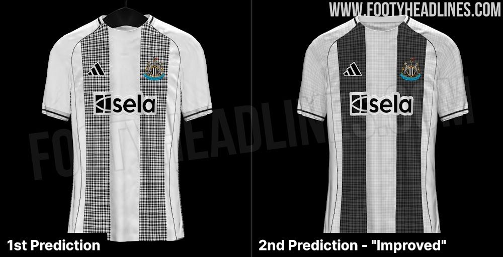 A black and white striped shirt with white sleeves in a tartan-like pattern, on the left of the picture is one version with larger white squares in the pattern and on the right, the black is more prominent