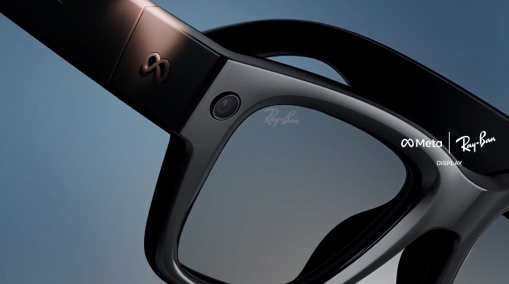 A leaked image of the Meta Ray-Ban Display smart glasses all-black design with the Meta logo and a front camera on its right-side frame.