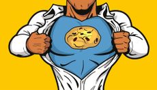 A cartoon superhero tearing open his shirt to reveal a cookie logo