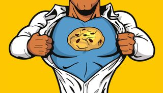 A cartoon superhero tearing open his shirt to reveal a cookie logo