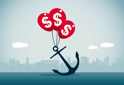 anchor with three red balloons with dollar signs on them on the water with a city skyline in the background 