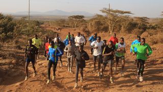 Patrick Makau of Kenya during a group training run on February 8, 2012 in Ngong, Kenya