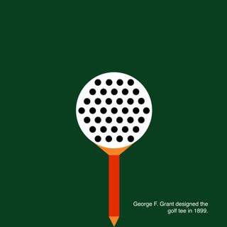A graphic with a green background and stylized illustration of a golf tee and ball, with text explaining that the gold tee was originally conceived by George F. Grant in 1899