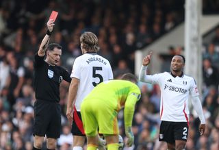 Fulham defender Joachim Andersen is shown a red card against Aston Villa