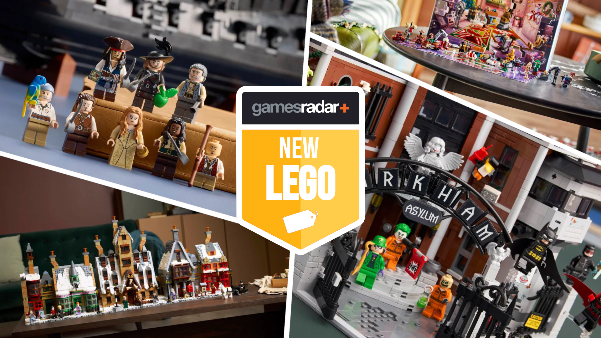Lego Pirates of the Caribbean minifigures, Hogsmeade, the Star Wars advent calendar, and Arkham Asylum divided by white lines, with a GamesRadar+ &#039;new Lego&#039; badge in the middle