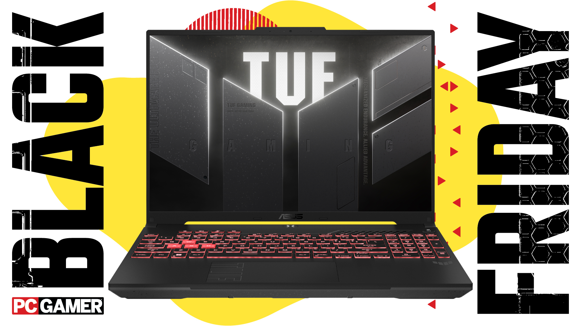 An Asus TUF A16 RTX 5070 gaming laptop on a Black Friday deals background