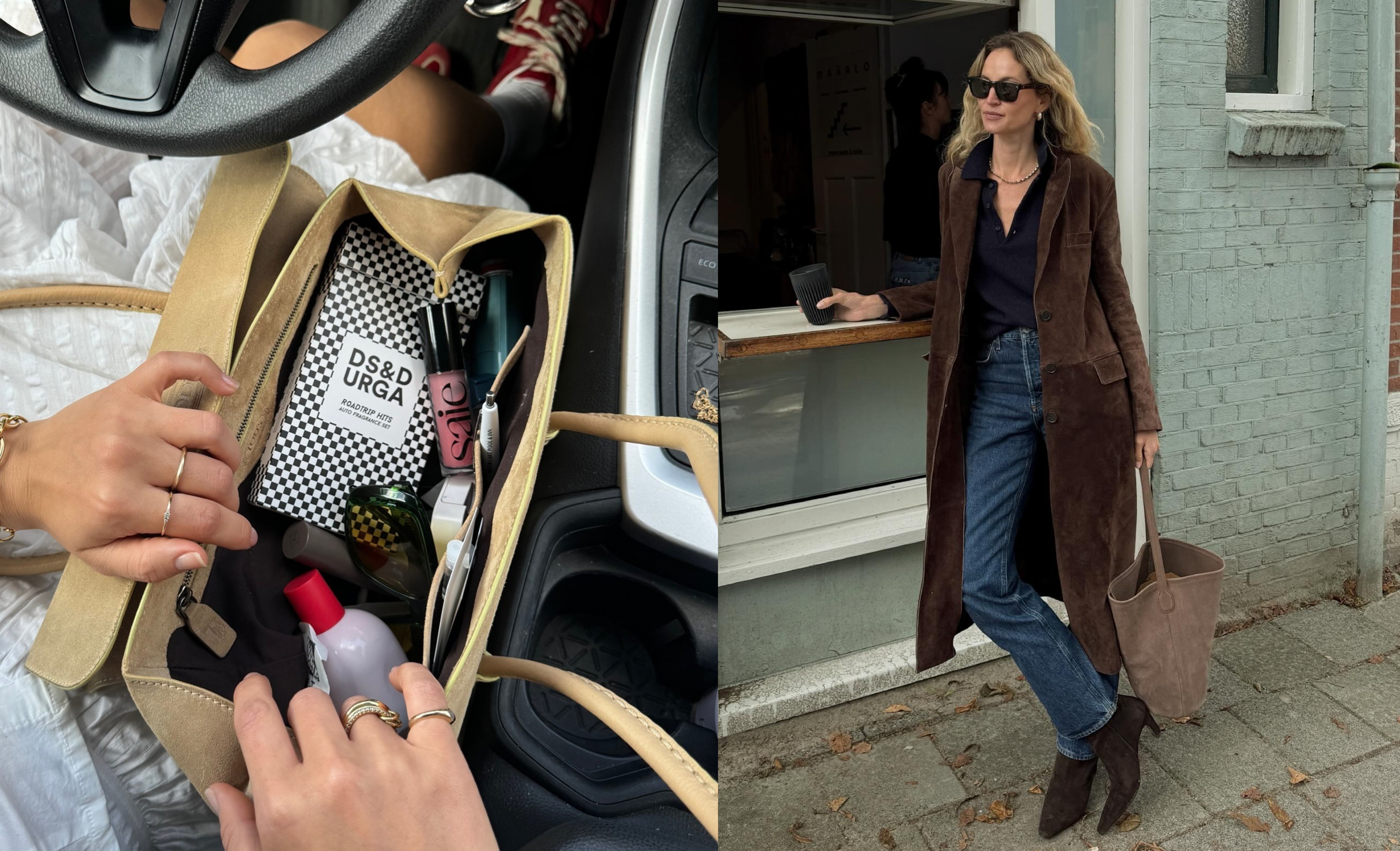 An image of an open hand bag juxtaposed with an image of a woman in fall attire ordering coffee