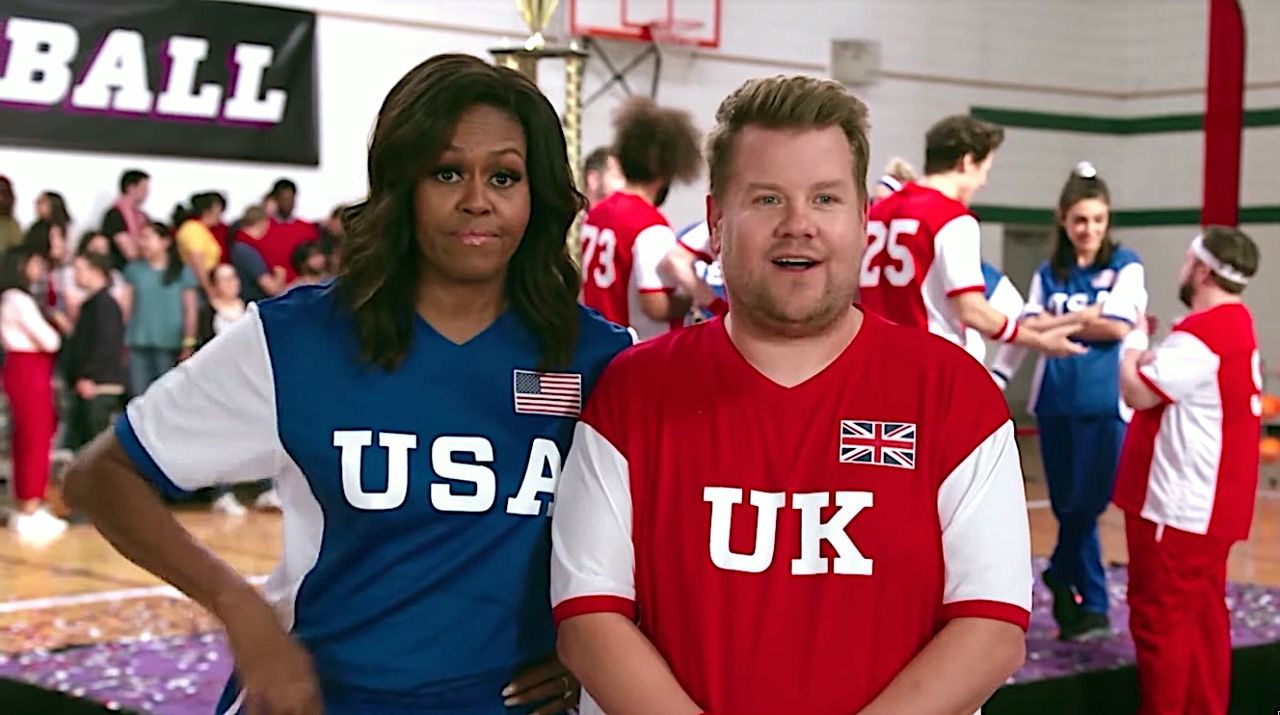 Michelle Obama&amp;#039;s Team USA plays James Corden&amp;#039;s Team UK in dodgeball