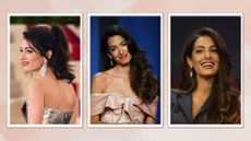 three images of Amal Clooney on a pastel background