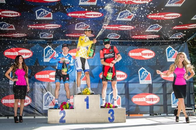 The podium topped by Kiel Reijnen with Alex Howes and Ben Hermans