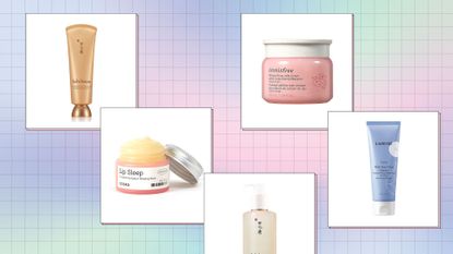 shots of five products from the Korean Beauty deals 2022—including balms and creams from Laniege, COSRX and Sulwhasoo—on a pink and blue cloudy background