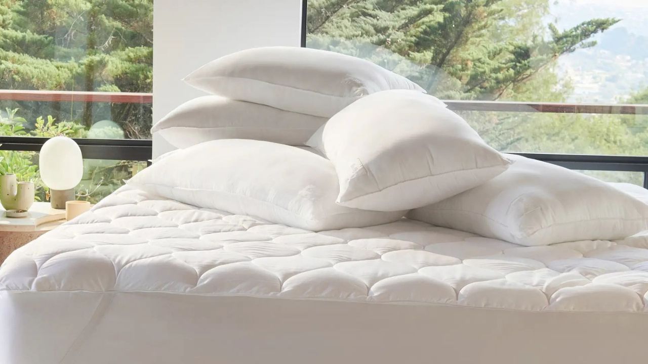 One of the best mattress protectors, the Buffy Plushy Mattress Protector, on a bed against windows with a garden view.