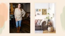 Stacey Solomon on a watercolour background next to a photo a tidy living room with a storage basket