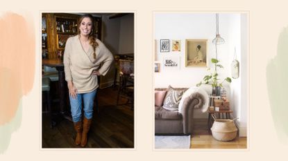 Stacey Solomon on a watercolour background next to a photo a tidy living room with a storage basket