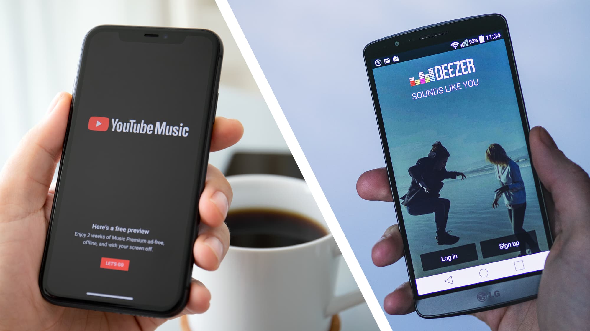 Two phones displaying the YouTube Music and Deezer apps.