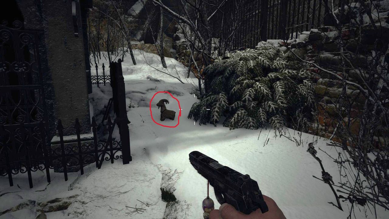 Edited in-game screenshot of a Goat of Warding in Resident Evil Village
