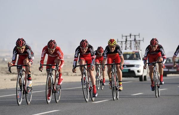 BMC riders give it their all during the team time trial.
